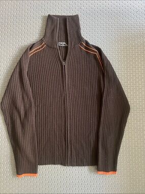 Vintage ITS Noize Brown Ribbed Zip-Up Sweater with Orange Accent
